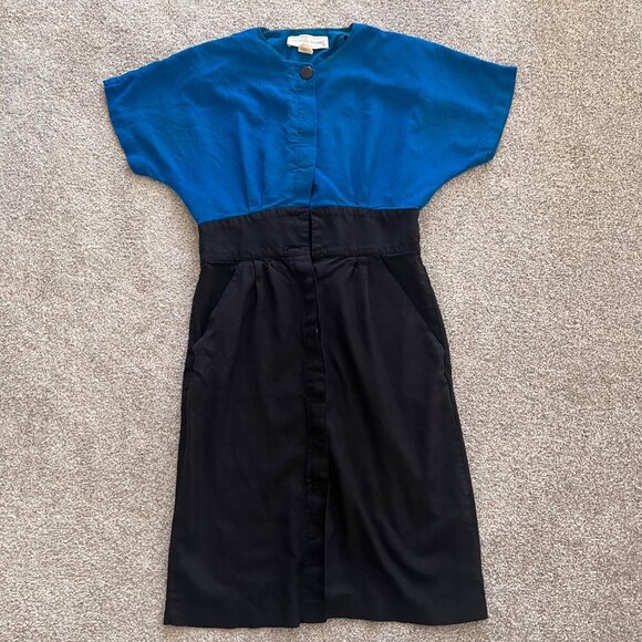 Vintage Michelle Stuart 80s Blue and Black Panel Dress with Dolman Sleeves S - Picture 5 of 8
